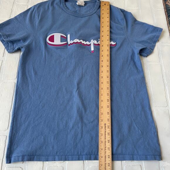 Champion Light Blue Long 100% Cotton Short Sleeve T Shirt Embroidered Logo sz L - Picture 4 of 5